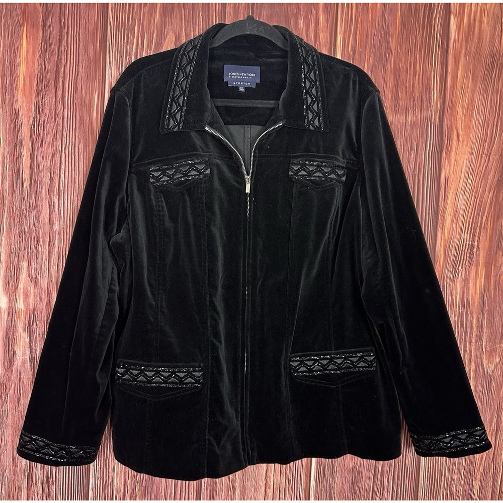 Jones‎ New York Womens Black Velvet Jacket with Beading Zip Whimsygoth Size 2X